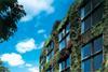 Instead of stone ashlar, a lush vertical garden cloaks the wing facing the riverfront.