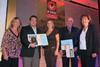 Helen Pratt and Shaun Armstrong (Cardiff Glass) with TV presenter Sarah Beeny and Bob and Jen Gay (the home owners who nominated Cardiff Glass)