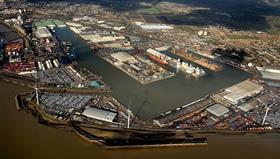 An aerial view of the Port of Tilbury, London