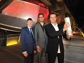 Stirling Prize 2011: Patrik Schumacher (right) and Lars Teichmann of Zaha Hadid Architects with Evelyn Grace Academy principal Peter Walker (left)