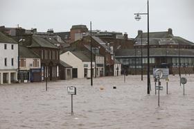 Flooded street in Dumfries, Scotland