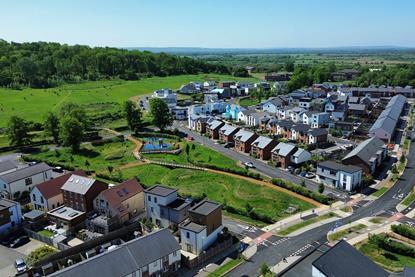Graven Hill aerial with homes woodland and play space