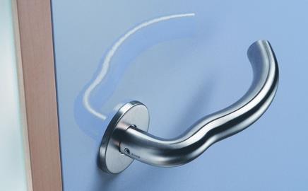 An M-shaped lever handle from the d-line range of hardware, designed by Knud Holscher