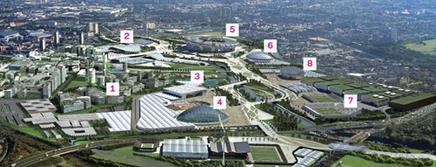 1. Olympic village, 2. Aquatic centre, 3. Fencing, 4. Velodrome, 5. Main stadium, 6. Basketball, 7. Hockey, 8. Handball