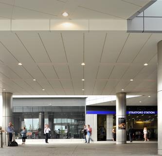 External ceilings and column casings were designed to provide a robust finish in the busy transport interchange at Stratford Place