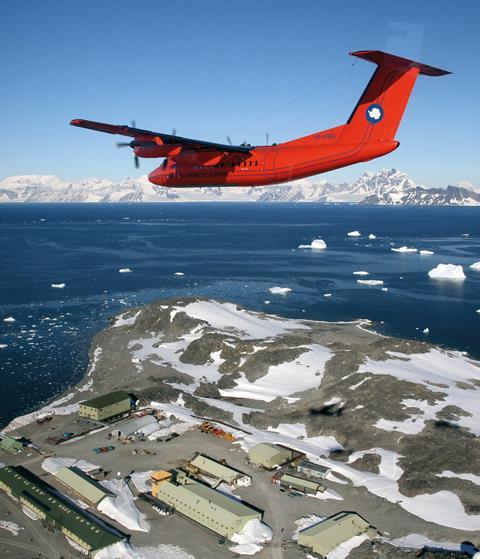 NAAerial view of the British Antarctic Survey's Dash 7 aircraft flying over Rothera Research Station. Credit BAS Adam Bradley