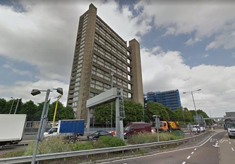 The eastern facade of Balfron Tower seen from the A12 in 2012