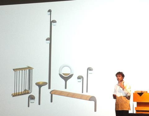 Thomas Heatherwick talking about the garden bridge at the NLA annual lecture. The slide shows 'street furniture' designed for the bridge by Heatherwick Studio
