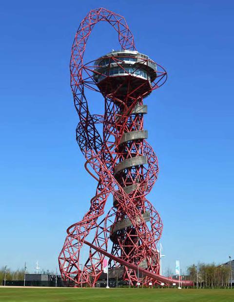 bblur architecture's proposal for a helter skelter at the Orbit - the thin red tube can just be seen winding through the Anish Kapoor sculpture