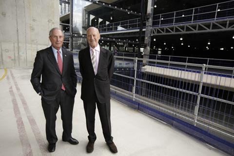 Michael Bloomberg and Norman Foster at the topping-out of Bloomberg's European HQ