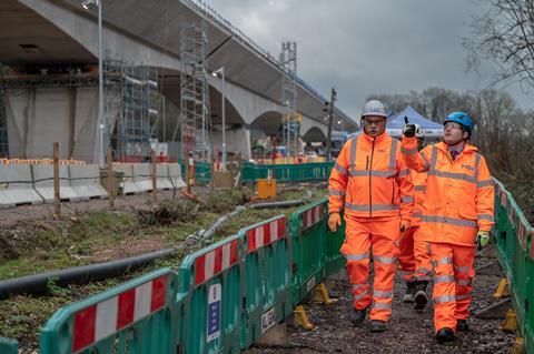 HS2 minister, Huw Merriman, walks on top of the high speed railway’s first and longest viaduct