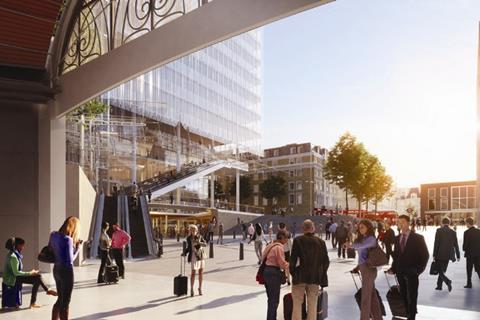 CGI of the public realm at Sellar and Piano's Paddington Cube - view from Paddington Station