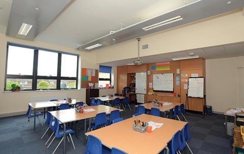 Integrated storage and mechanical background ventilation bulkheads are common classroom features