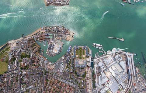 Aerial view of Portsmouth Harbour, home to Land Rover BAR