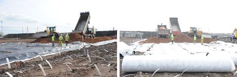 Spoil is added to membrane to speed drying of Partington site band drains Balfour Beatty