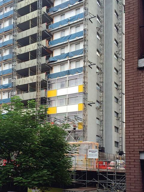 The cladding was installed externally using a mast climbing system with mobile platforms