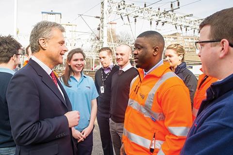 Mark Carne, chief executive of Network Rail, meeting apprentices during National Apprenticeship Week