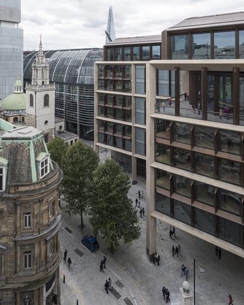 Elevated exterior view overlooking Foster & Partners' Bloomberg building, St Stephen Walbrook and the Magistrates' Court.