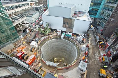 Aerial view of Crossrail's Fisher Street shaft worksite, January 2014