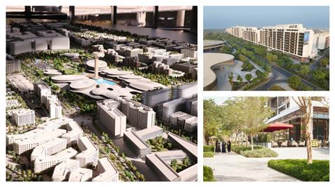 Clockwise: A model of the full plans for Aljada; an aerial view of the East Boulevard; a street-level view of the same street