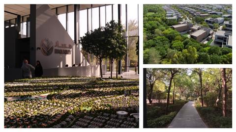 Clockwise: A model of one of the Masaar developments; an aerial view of one of its