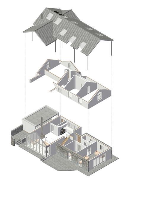BIM drawings showing an exploded view of Oyster Catchers, a private house in Lee Bay, Devon by Jonathan Reeve Architecture.