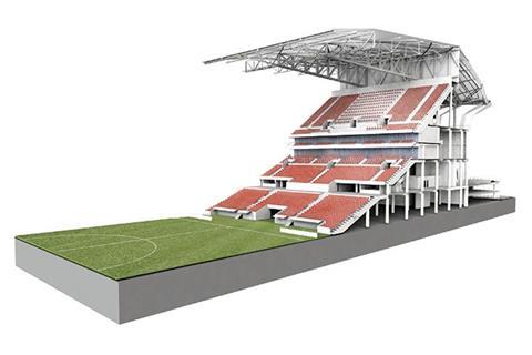 The flexible composite fabric extends over the outer ring of the stadium. Steel trusses support polycarbonate sheeting over the inner ring above the seating stand
