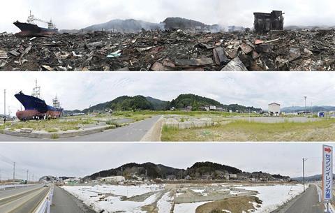 Panoramic images show the Shishiori area of Kesennuma, Miyagi Prefecture, (from top) on 15 March 2011, four days after the disaster; on 30 August 2012; and on 14 February 2014.