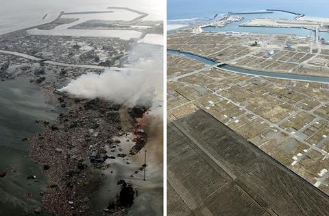 Photos taken from Kyodo News helicopter show the Yuriage area of Natori, Miyagi Prefecture, on March 12, 2011 (left), a day after the Great East Japan Earthquake and tsunami, and on March 4, 2014 (right)