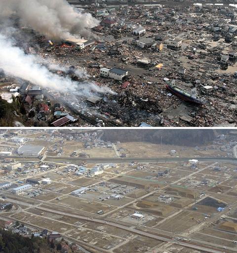 Aerial view of destruction at Kesennuma the day after the earthquake and tsunami (top), and the same site in February this year (bottom)