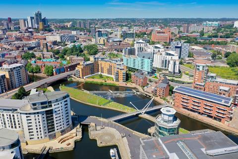 Aerial photo of the Leeds City Centre taken from The Leeds Dock on a bright sunny summers day