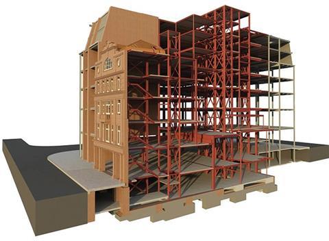 Figure 2: Model of steel framed structure with retained listed facade