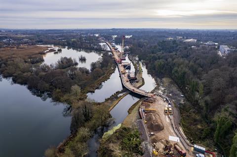 Work on the jetty and piling for the Colne Valley Viaduct from the air Feb 2022