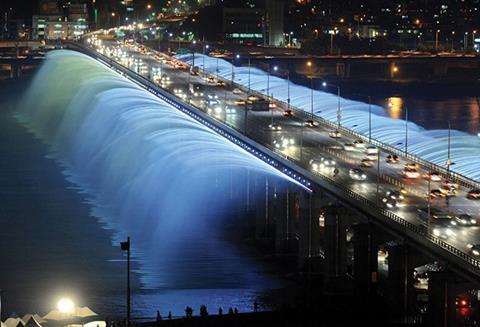 Banpo Bridge in Seoul, South Korea, which pumps continuously recycled water drawn directly from the river, is a spectacular example of how fountains can enhance the urban landscape