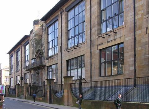 The front (north) facade of Charles Rennie Mackintosh's Glasgow School of Art on Renfrew Street