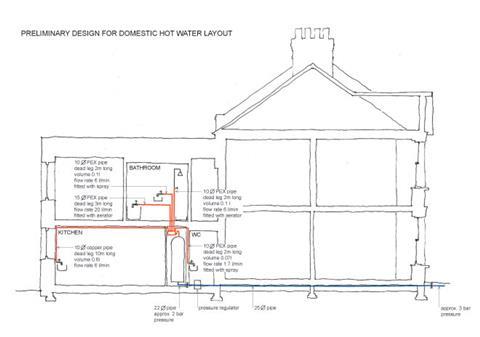 Hot water system drawing for Prewett Bizley passivhaus design