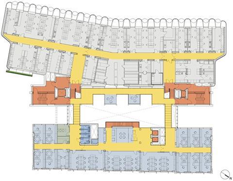 The plan clearly indicates how the atrium (centre) divides the teaching wing (blue) from the laboratory wing (grey)