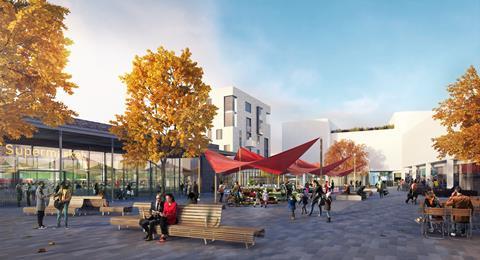 North West Cambridge development - Local centre with supermarket. Designed by Wilkinson Eyre and Mole Architects