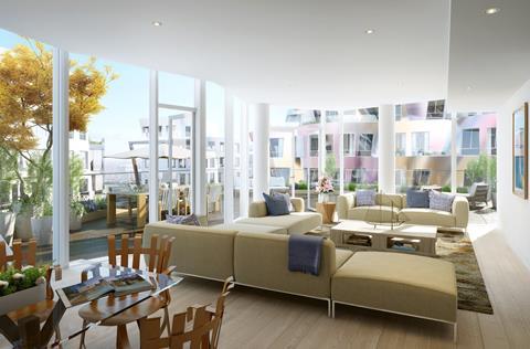 Battersea Power Station - Gehry apartment interior overlooking Flower building