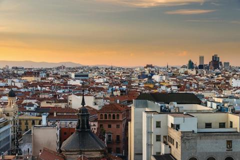 City skyline at sunset with modern financial center behind, Madrid, Comunidad de Madrid, Spain