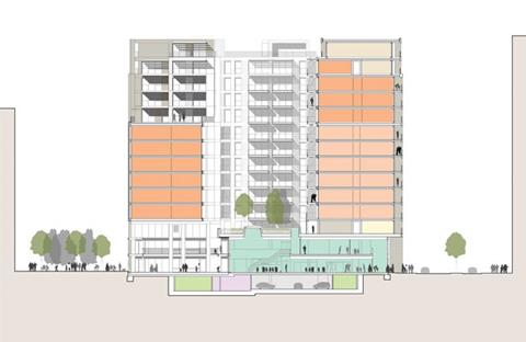 The residential towers sit above the school, partially separated by a terraced deck that gives way to a tiered playground to the left