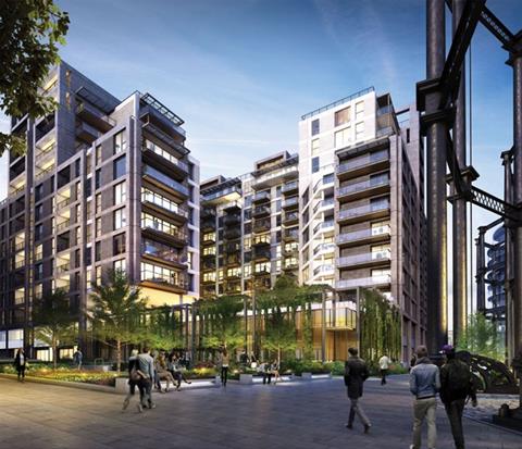 A CGI shows how a perforated, planted bronze screen separates the playground from public realm at the north-west corner. The gasholders are visible to the right