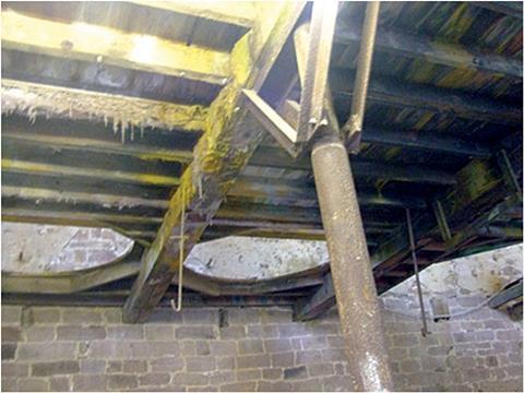 Timber beams attacked by chemical dye