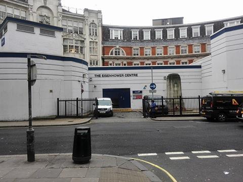 The surface entrance to Goodge Street shelter in Chenies Street – in late 1942 part of this shelter became used as a headquarters for the Allied armed forces