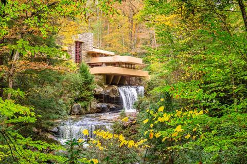 Fallingwater over Bear Run waterfall in the Laurel Highlands of the Allegheny Mountains