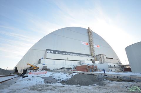 New metal clad building housing damaged Chernobyl reactor