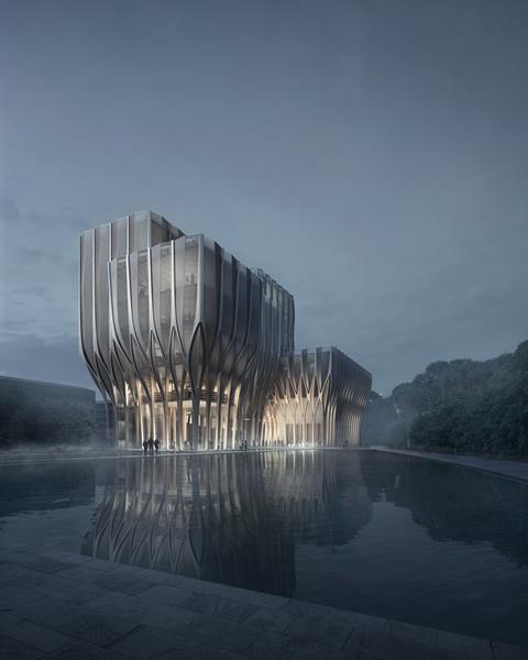 Sleuk Rith Institute in Cambodia by Zaha Hadid Architects - library exterior and reflecting pool