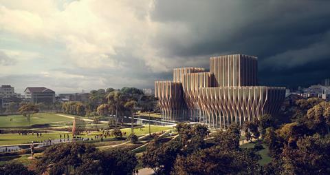 Sleuk Rith Institute in Cambodia by Zaha Hadid Architects - south facade and memorial park