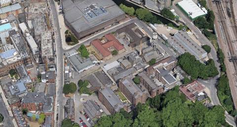 Aerial view of the St Pancras Hospital site, earmarked for a 45,000 sq m new Moorfields Eye Hospital